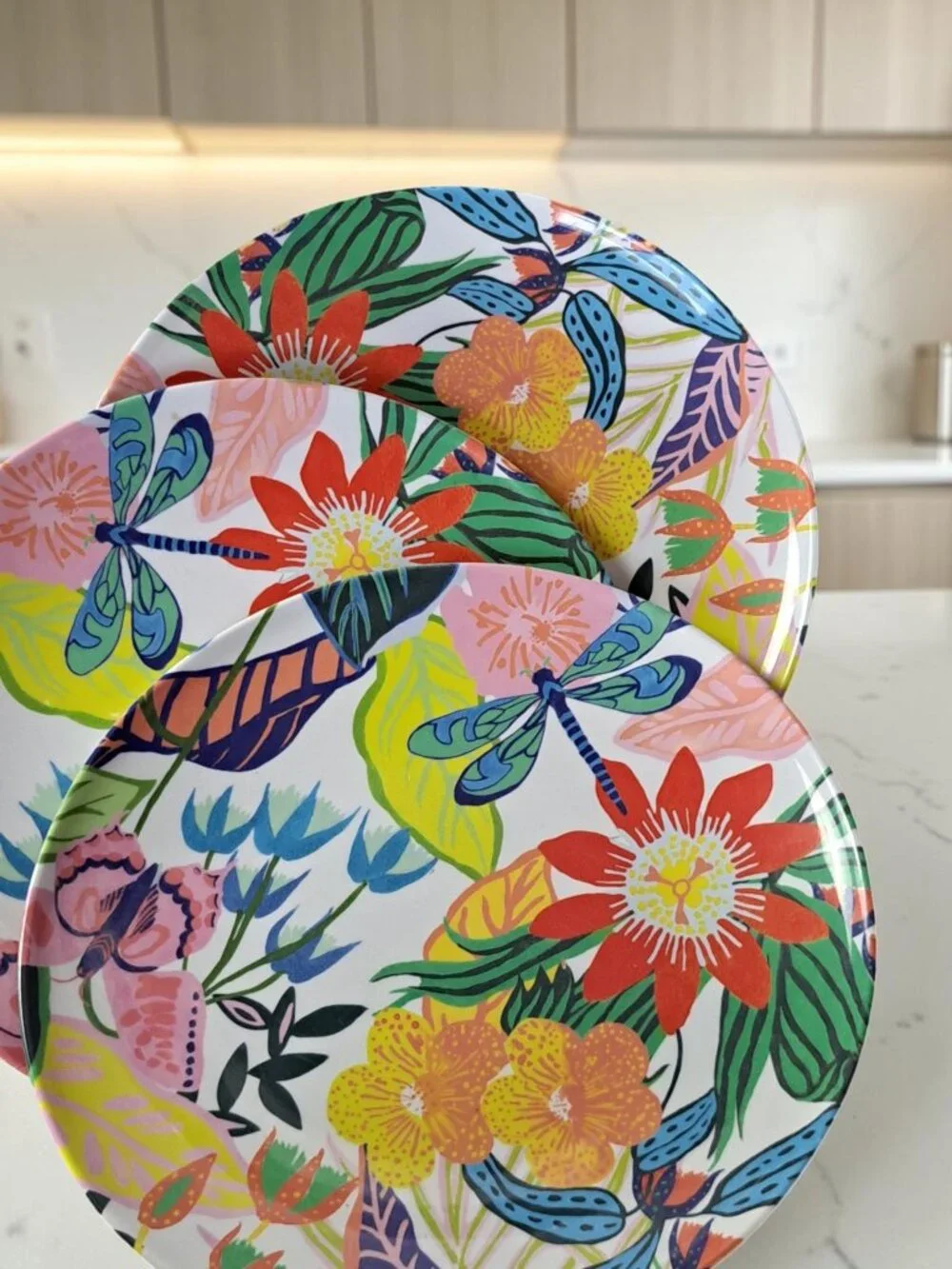 Anthropologie Lot Of 3 Melamine Plates Dragonfly Flowers 10 1/2